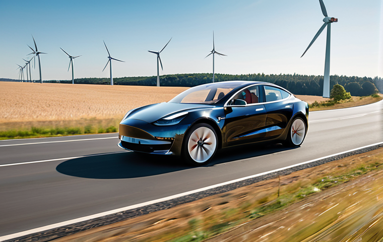 **
"Tesla Model 3 driving on a German Autobahn, showcasing its long-range capability. Background should include wind turbines and a modern Supercharger station. Emphasize the car's sleek design and the feeling of effortless speed. Sunny day."
**