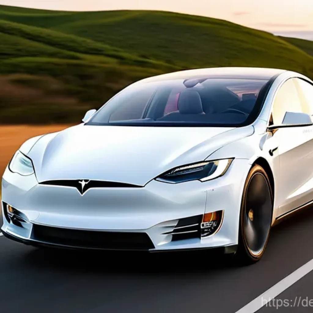 테슬라 전기차와 전통 내연기관 차량의 차이점 - **A dynamic, low-angle shot of a sleek, modern electric car (resembling a Tesla) gracefully accelera...