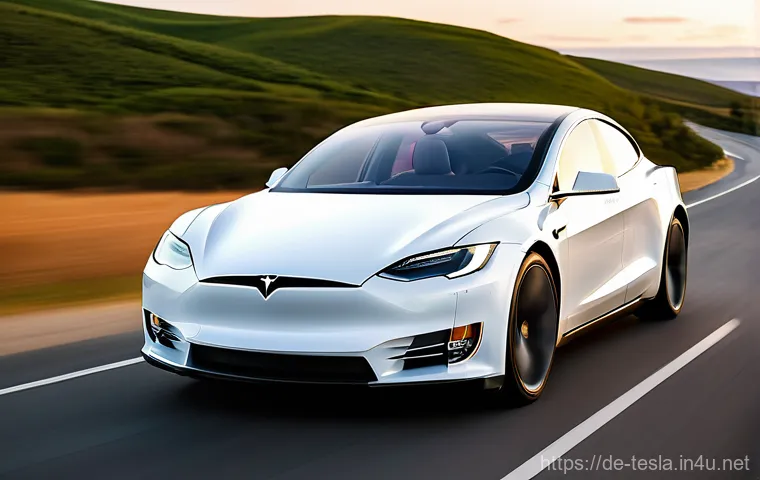 테슬라 전기차와 전통 내연기관 차량의 차이점 - **A dynamic, low-angle shot of a sleek, modern electric car (resembling a Tesla) gracefully accelera...