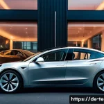 Home 14 테슬라 전기차의 경쟁사 비교 - A sleek Tesla Model 3 Long Range parked on a modern urban street in Germany during early evening, sh...