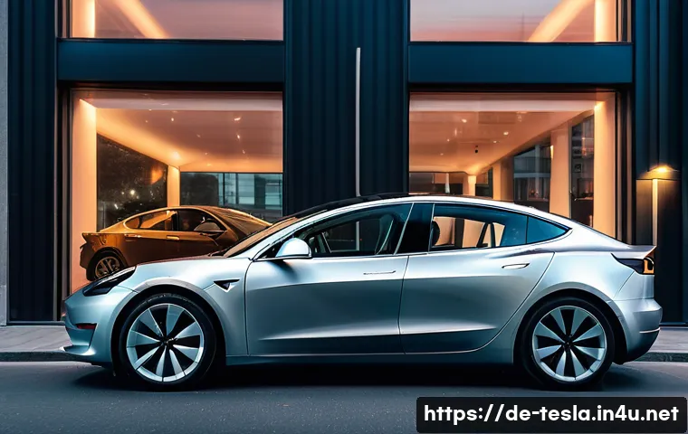 테슬라 전기차의 경쟁사 비교 - A sleek Tesla Model 3 Long Range parked on a modern urban street in Germany during early evening, sh...