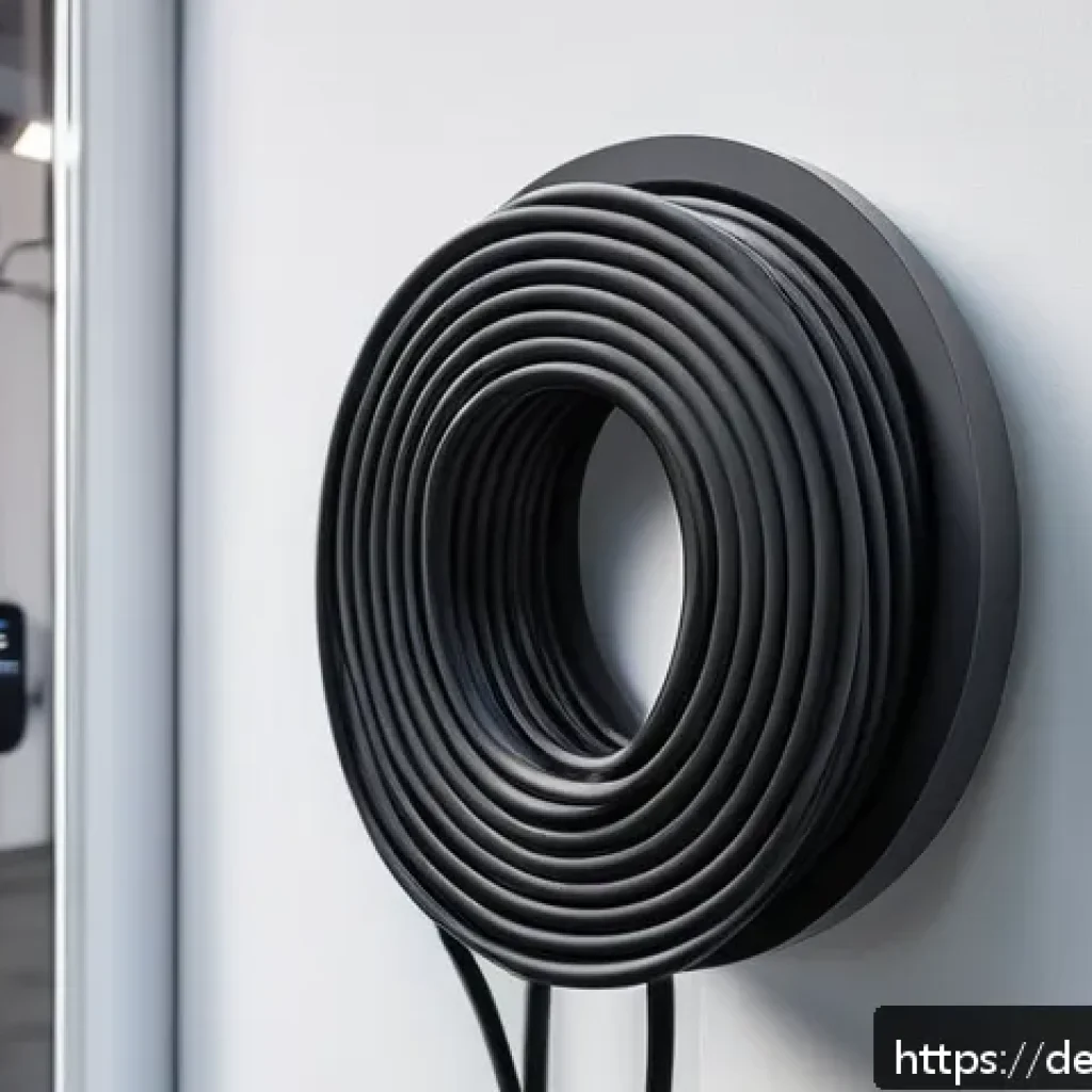 테슬라 전기차 충전 케이블 관리 팁 - A high-resolution image of a neatly coiled Tesla charging cable hanging on a modern wall-mounted cab...