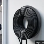 Home 19 테슬라 전기차 충전 케이블 관리 팁 - A high-resolution image of a neatly coiled Tesla charging cable hanging on a modern wall-mounted cab...