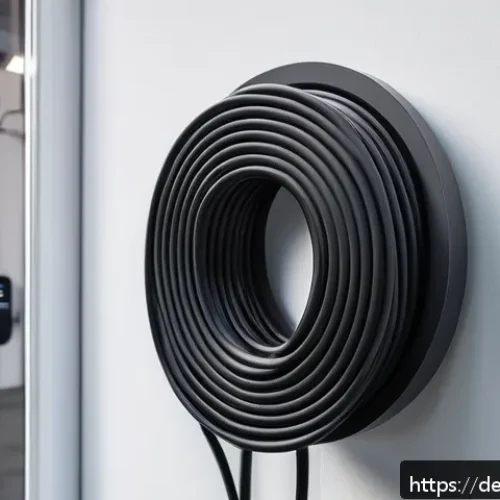 Home 13 테슬라 전기차 충전 케이블 관리 팁 - A high-resolution image of a neatly coiled Tesla charging cable hanging on a modern wall-mounted cab...