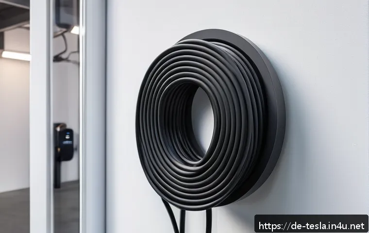 테슬라 전기차 충전 케이블 관리 팁 - A high-resolution image of a neatly coiled Tesla charging cable hanging on a modern wall-mounted cab...