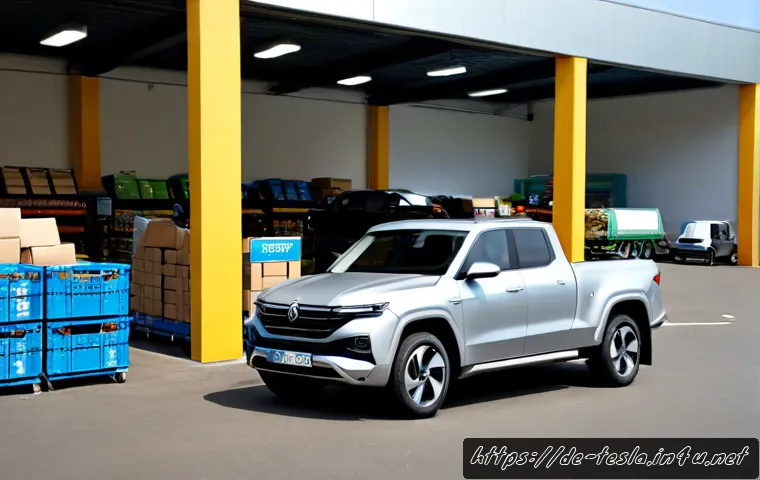 Home 17 테슬라 사이버트럭의 적재 용량 - Photorealistic electric stainless-steel pickup truck with a distinctive angular body, parked beside ...