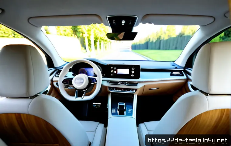테슬라 모델 3의 실내 인테리어 리뷰 - Photorealistic premium electric sedan interior review, wide-angle view from the rear seat toward the...