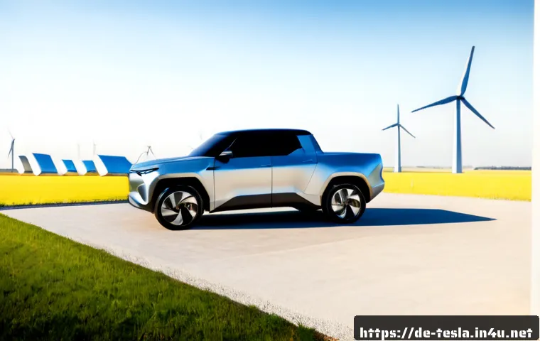 테슬라 사이버트럭의 미래 기술 - Photorealistic futuristic stainless-steel electric pickup truck with angular geometric body, parked ...